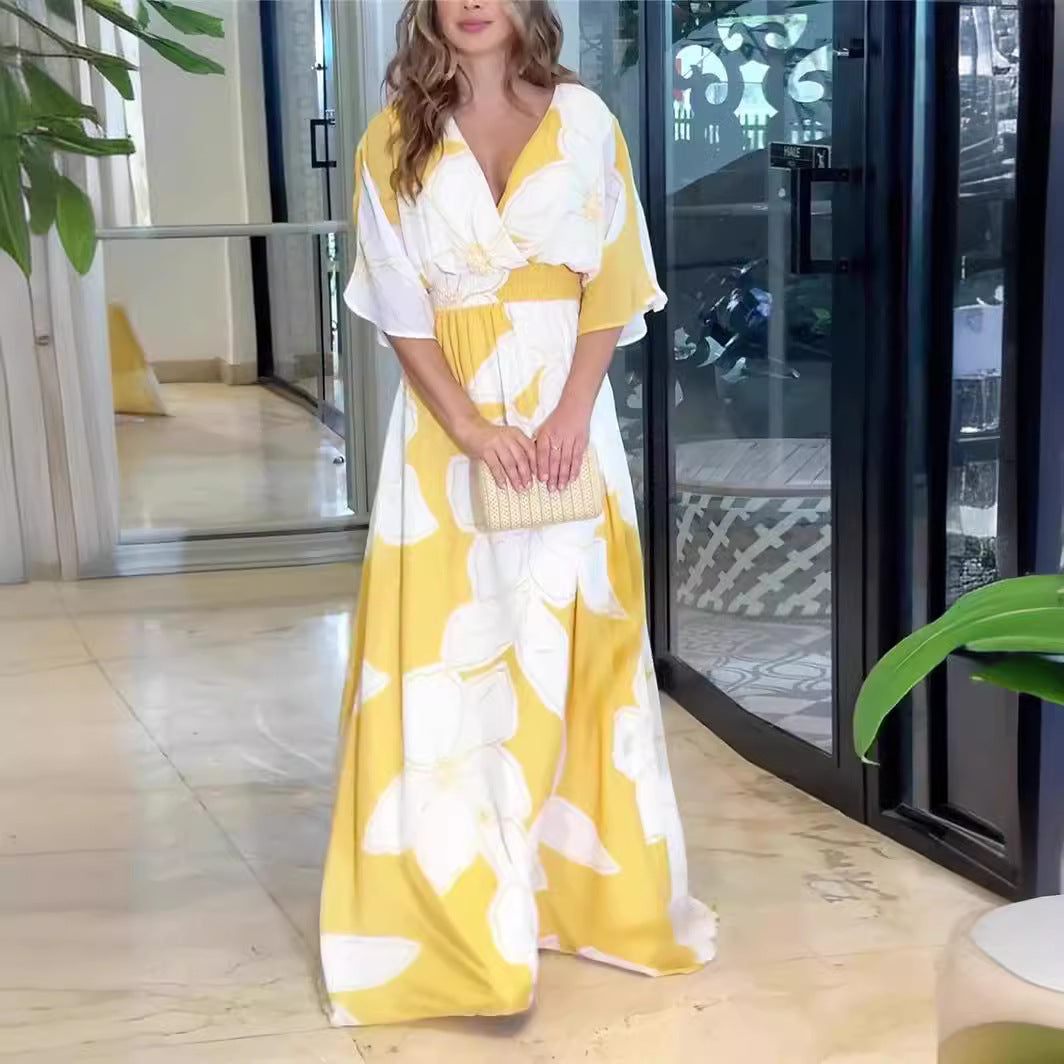 Flower Printed V-neck Batwing-sleeved Dress Fashion Elegant Backless Long Dresses Women's Garments Apparel / Clothing