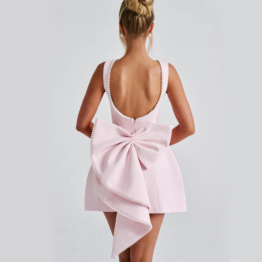 Fashion Big-Bowed Pearls Backless Dress Summer Slim Sleeveless A-line Dresses For Party Evening Women's Garments Apparel / Clothing