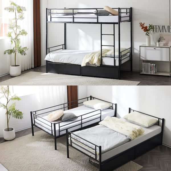 Double Decker Bunk Bed With Drawers Black, Detachable Twin Bed Furniture