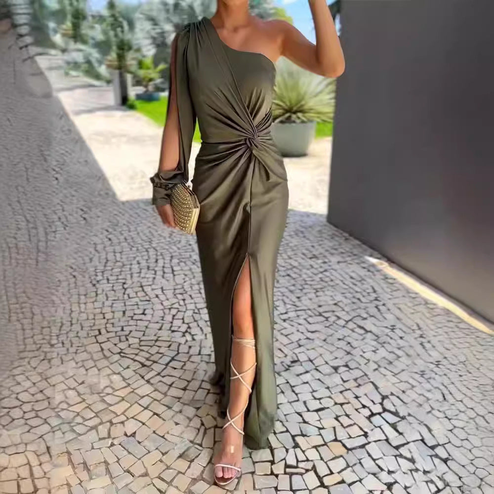 Women's Diagonal Shoulder Knot Split Solid Color Slim Fit Dress Women's Garments Apparel / Clothing