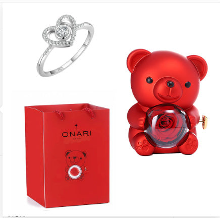 Eternal Rose Teddy Bear Gift Box with Necklace – Rotating Rose Jewelry Box & Storage Case for Women & Girlfriend, Perfect for Valentine's Day, Wedding & More