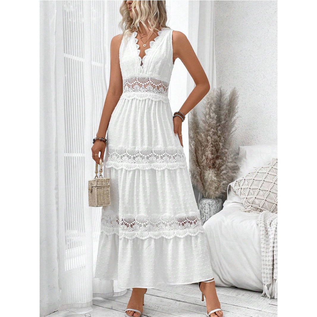Women's Lace Stitching V-neck Sleeveless Dress Women's Garments Apparel / Clothing