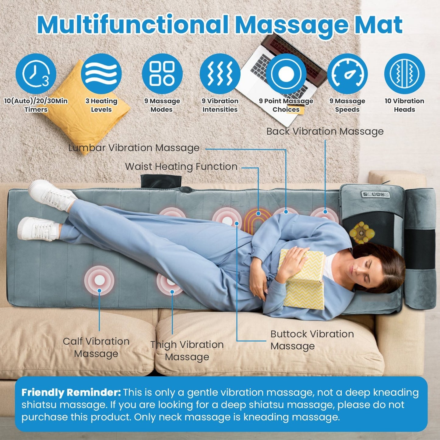1Set Full Body Electric Massage Mat Heating Vibration Massage Pad Cushion Back Massage Mattress Chair Pad With Neck Foot Massage Head Pillow And Cloth Lumbar Pillow Timer Anti-Slip Bottom Home Essentials