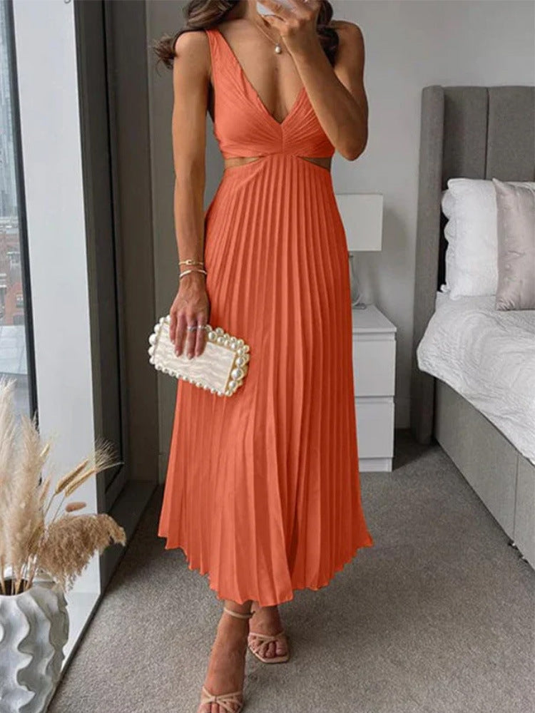 Ins Suspender Pleated Long Dress With Hollow-waisted Design Fashion V-neck Backless Dresses Summer Women's Garments Apparel / Clothing
