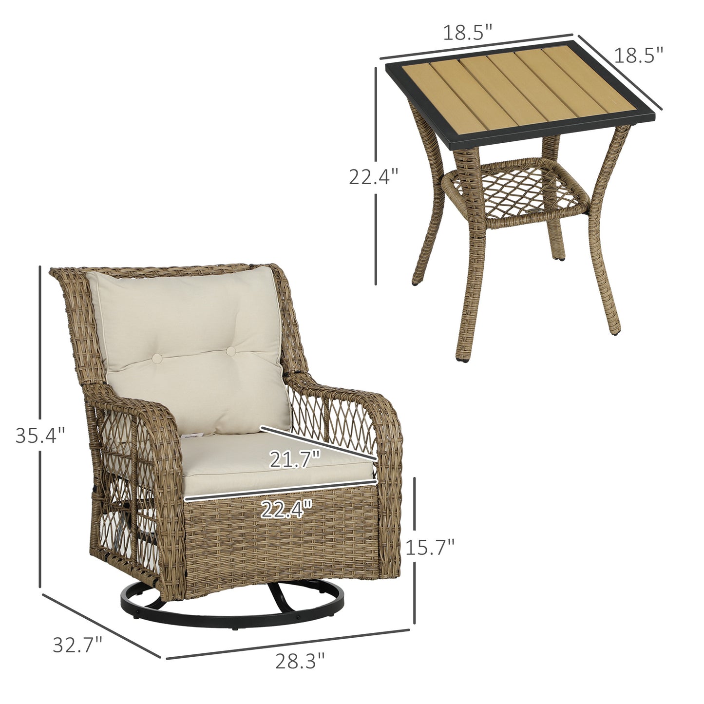 3 Piece Outdoor Bistro Set, Wicker Small Patio Furniture Set With Swivel Glider Chairs For Balcony, Porch, Beige Outdoor Garden Patio Furniture