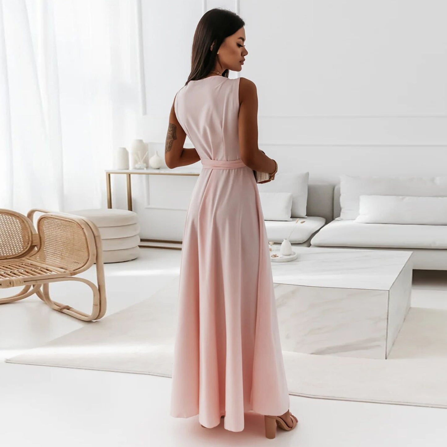 V-neck Sleeveless Dress With Belt Summer Fashion Party Club Evening Maxi Dresses For Women's Garments Apparel / Clothing