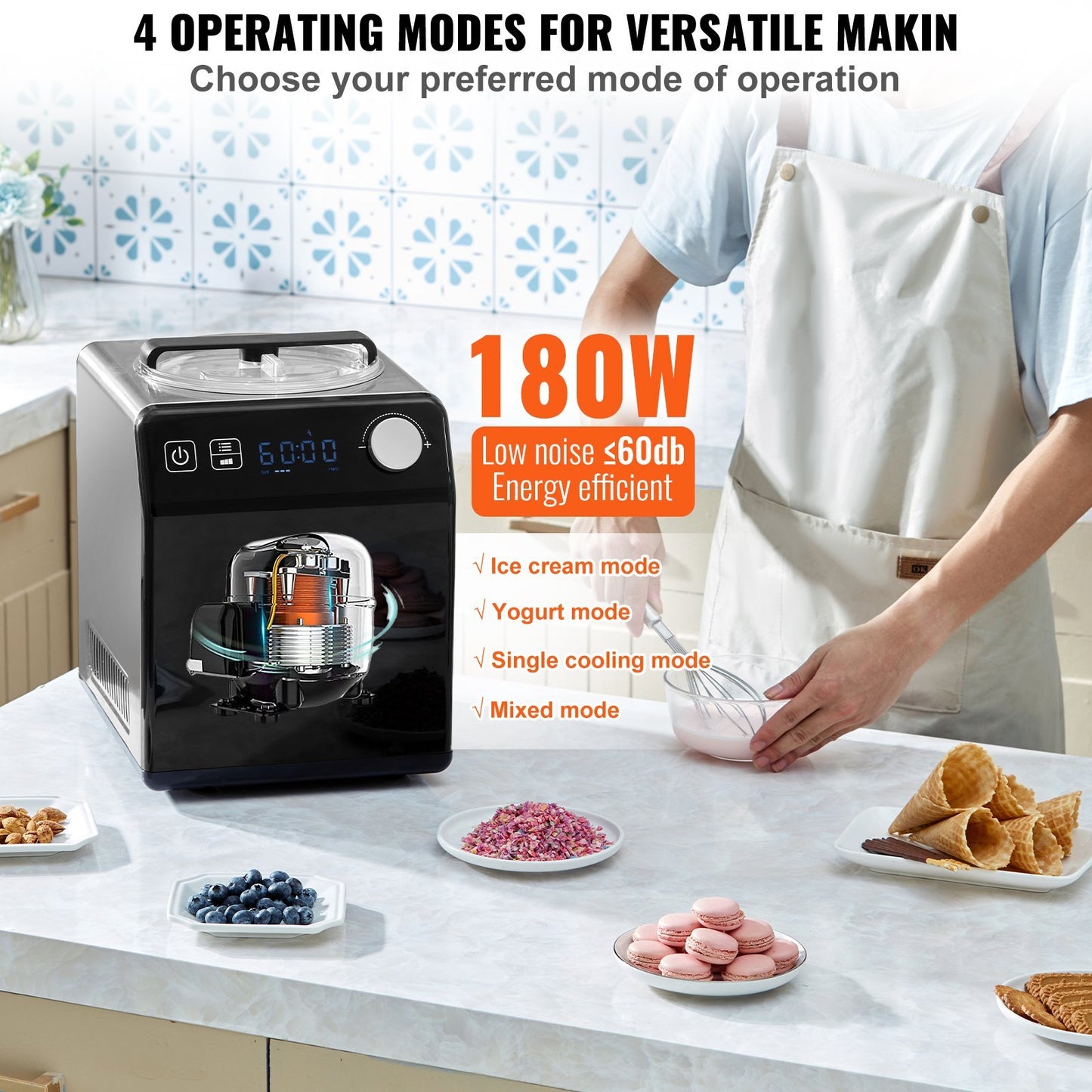 Upright Automatic Ice Cream Maker With Built-in Compressor, 2 Quart No Pre-freezing Fruit Yogurt Machine, Stainless Steel Electric Sorbet Maker, 4 Modes Gelato Maker With Digital Display Timer Home Essentials