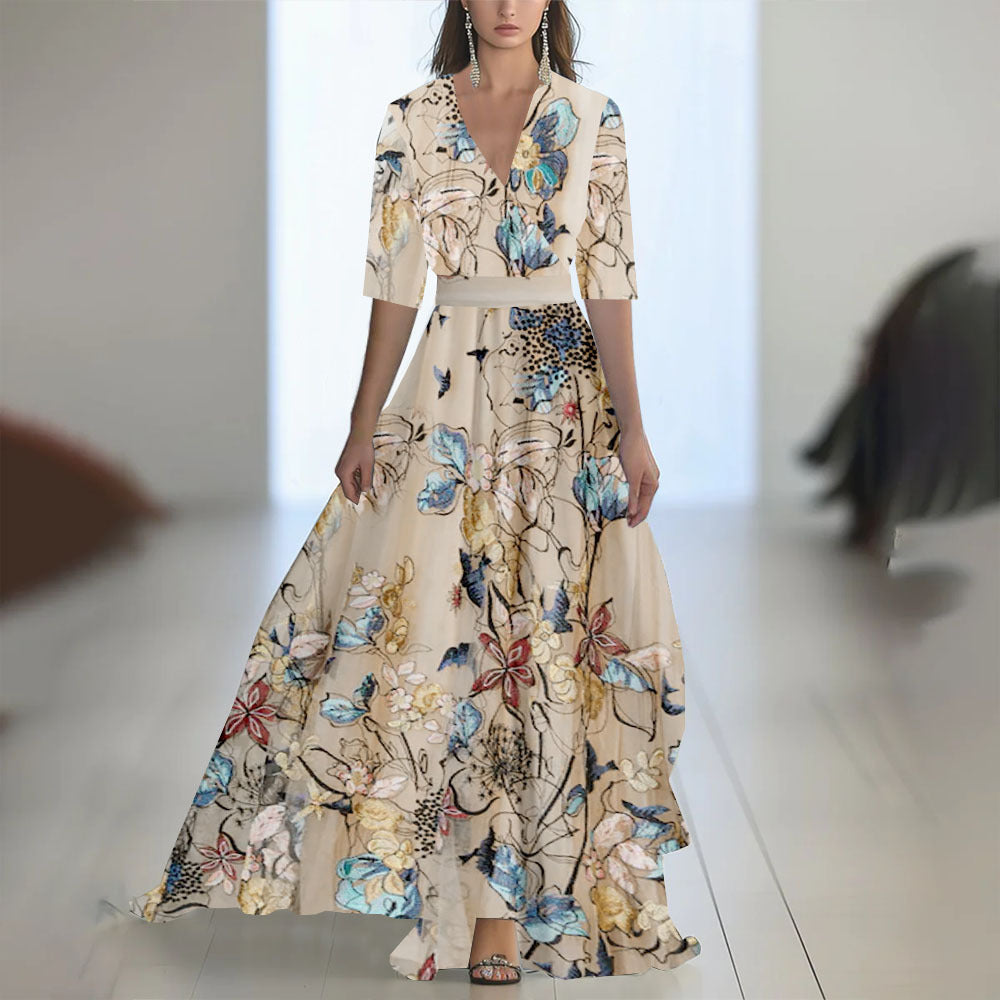 Printed Long Sleeved V-neck Patchwork Dress Women's Garments Apparel / Clothing