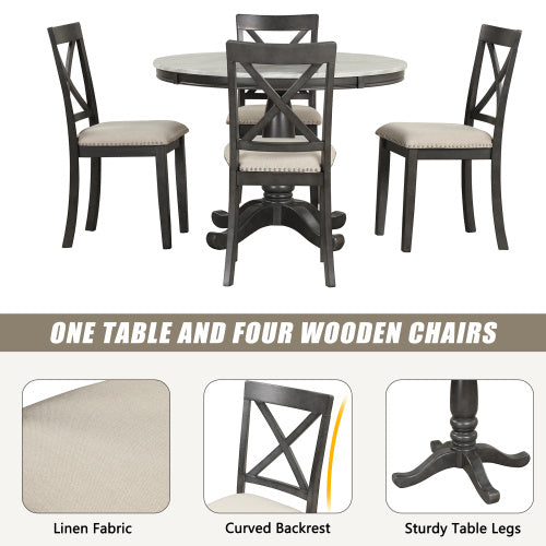Orisfur. Ensemble table et chaises de salle à manger 5 pièces pour 4 personnes, table de cuisine en bois massif avec 4 chaises.