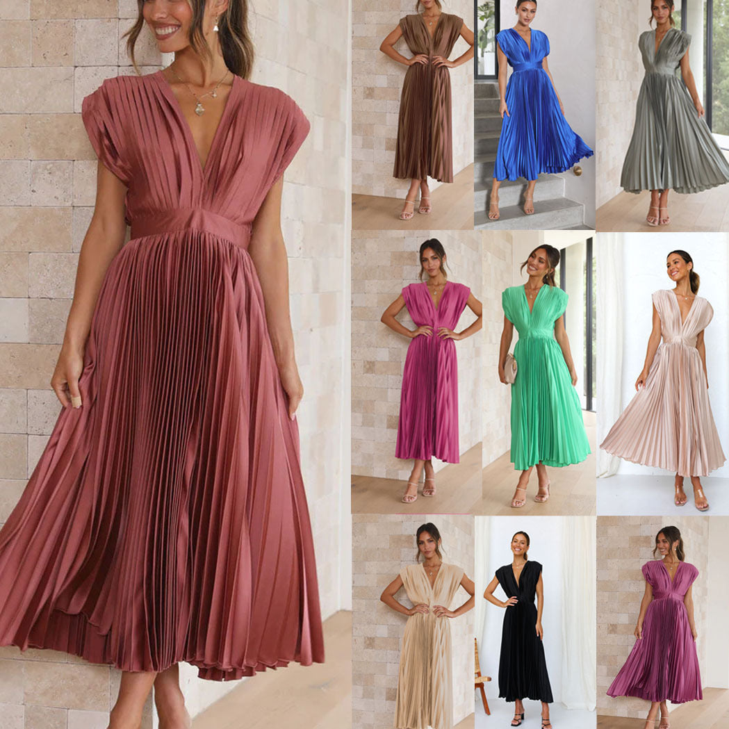 Summer V-neck Pleated Dress INS Fashion Casual Loose Zip Sleeveless Dresses For Women's Garments Apparel / Clothing