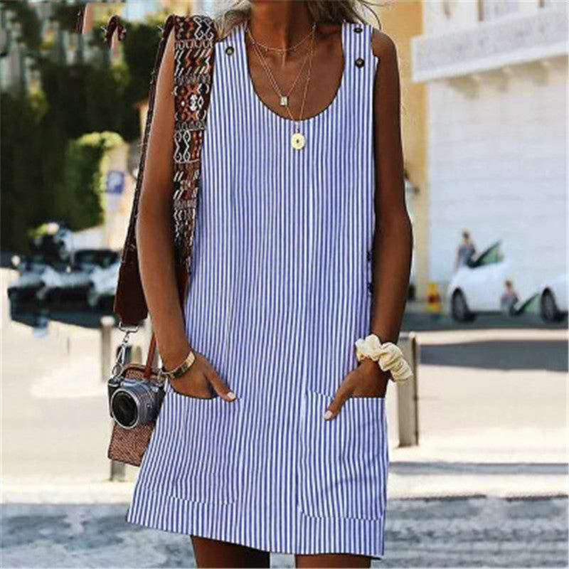 Summer Fashion Striped Patchwork Commuting U-Neck Sleeveless Pockets Back Button Casual Straight Slimming Mini Dress For Women's Garments Apparel / Clothing