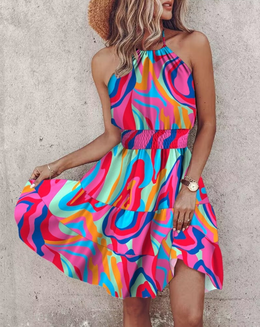 Summer European And American New Printed Halter Dress Women's Garments Apparel / Clothing