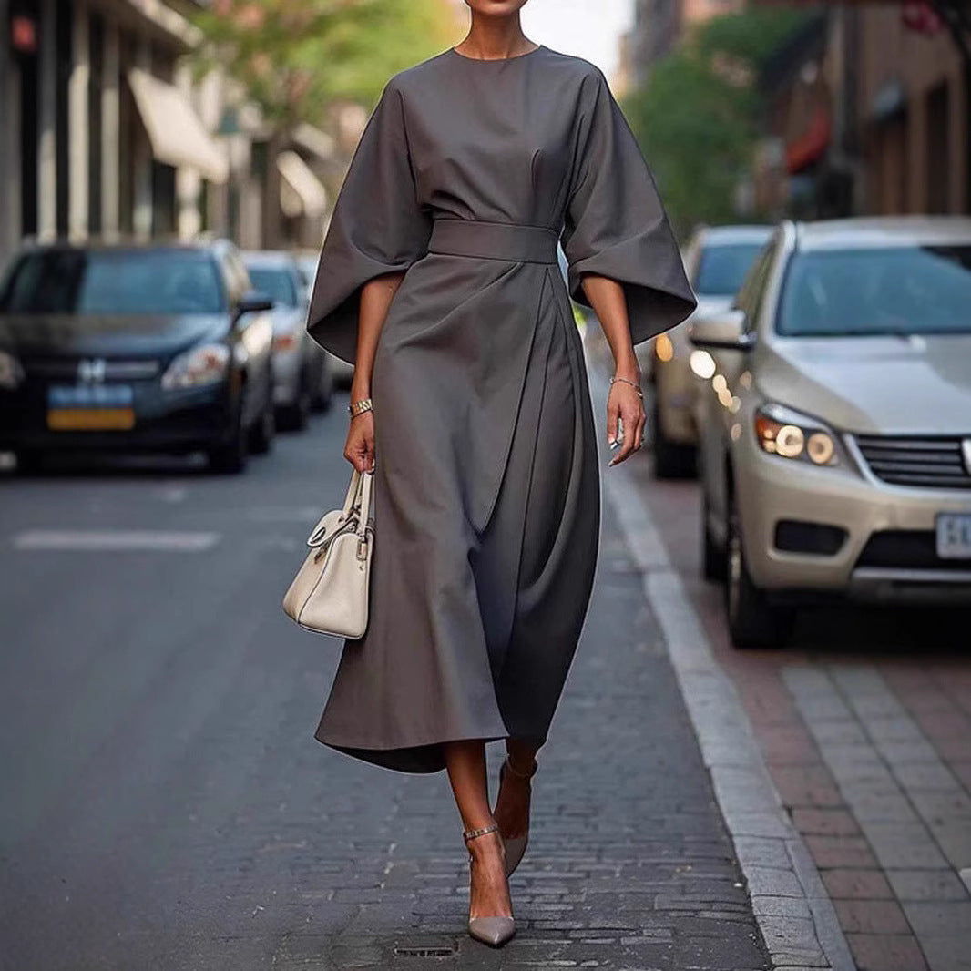 Loose Batwing Sleeve Dress Fashion Waist-tighted Solid Color Elegant Dresses For Women's Garments Apparel / Clothing
