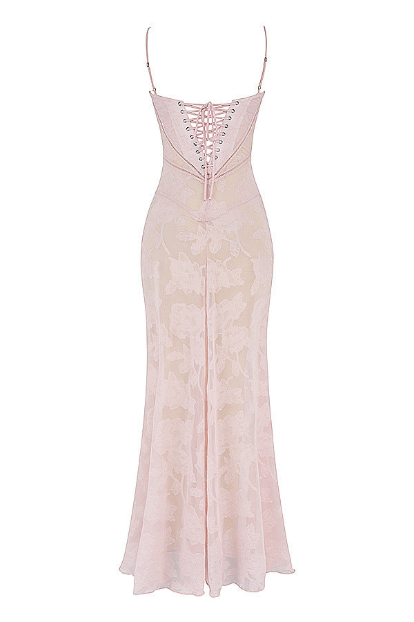 Sexy Flowers Lace Suspender Dress Summer Fashion Slim Back Lace-up Long Dresses Party Evening Club Clothing For Women's Garments Apparel / Clothing