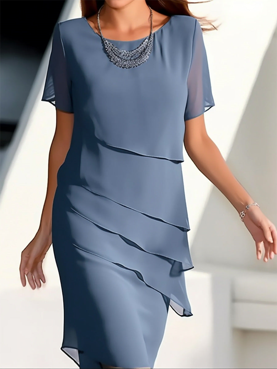 Women's Dress Chiffon Patchwork Round Neck Short Sleeve Women's Garments Apparel / Clothing