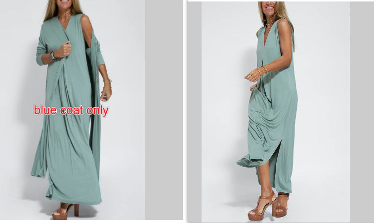 New Solid Color V-neck Sleeveless Dress Long Cardigan Jacket Suit For Women's Garments Apparel / Clothing