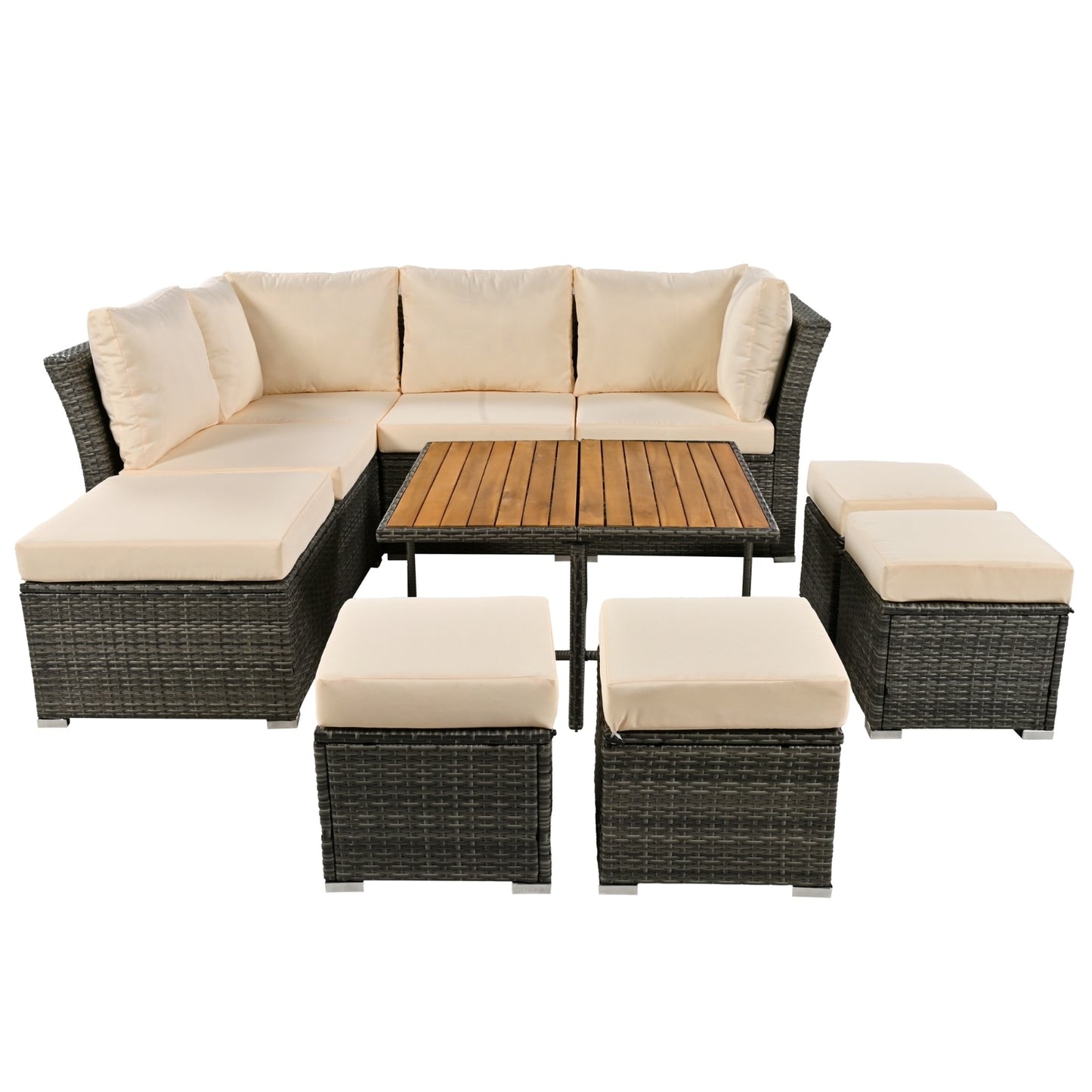 U STYLE Patio Furniture Set 10 Piece Outdoor Conversation Set CoffeeTable With Ottomans Solid Woo