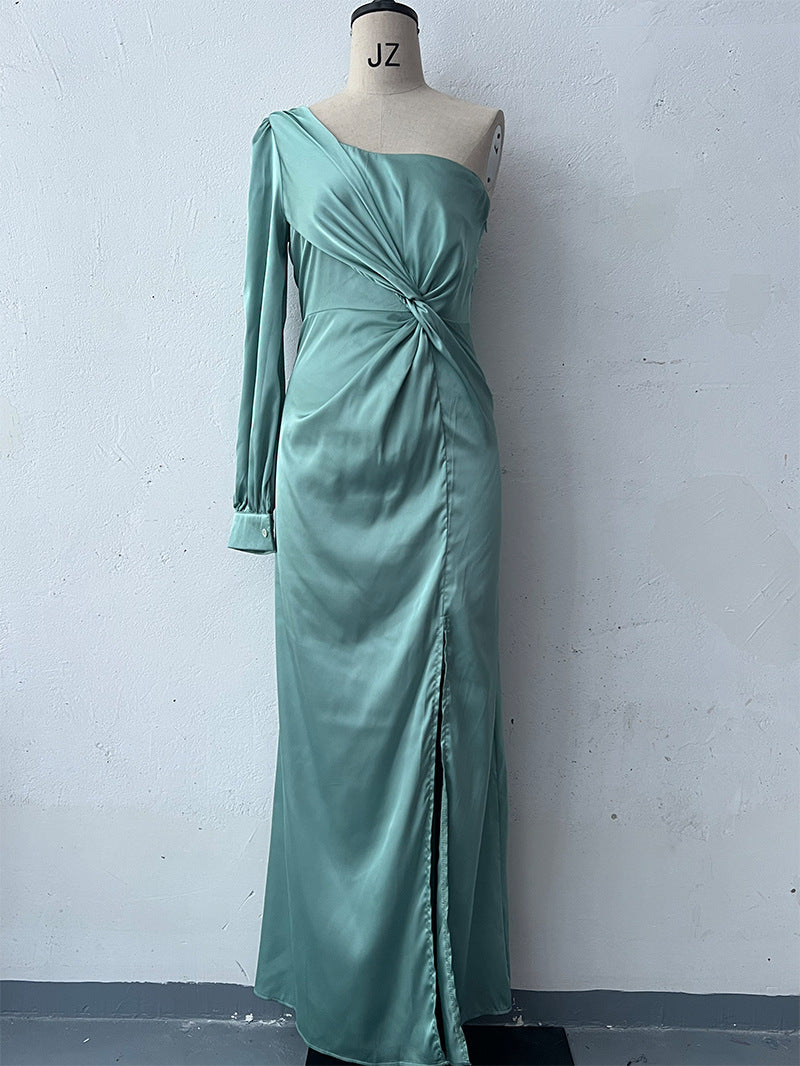 Women's One-shoulder Split Dress Ins Fashion Long-sleeved Slim Long Dresses Party Evening Women's Garments Apparel / Clothing