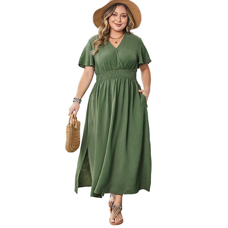 Solid Color And V-neck Bell Sleeve Elastic And Waisted Slimming Slit Long Dress Women's Garments Apparel / Clothing