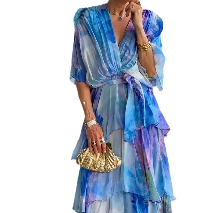 European And American Printing Layered Dress Women's Garments Apparel / Clothing