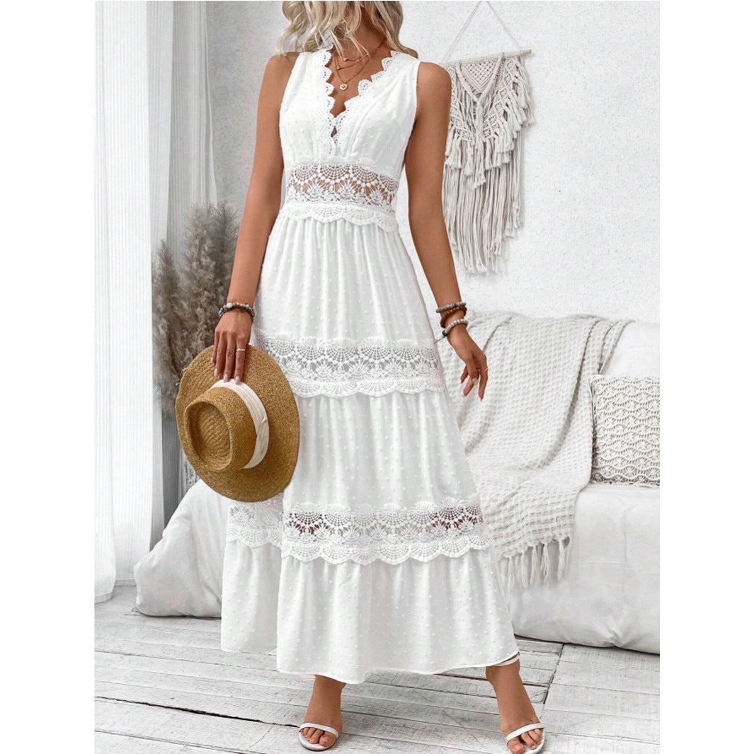 Women's Lace Stitching V-neck Sleeveless Dress Women's Garments Apparel / Clothing