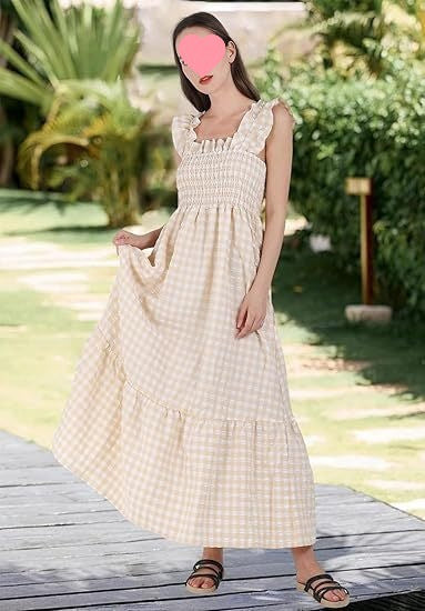 Summer Plaid Print Pleated Ruffle Dress INS Fashion Sleeveless A-line Swing Beach Dress Women's Garments Apparel / Clothing