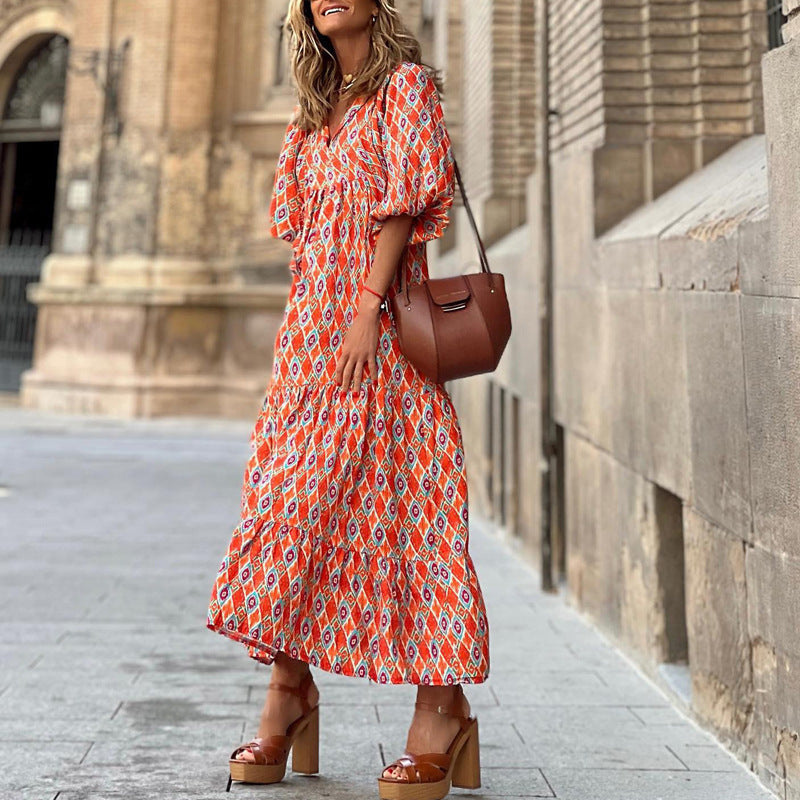 Summer Women's Vintage Printed Bohemian Dress Elegant Ladies Casual Loose V-Neck Short Sleeve Long Dresses Women's Garments Apparel / Clothing