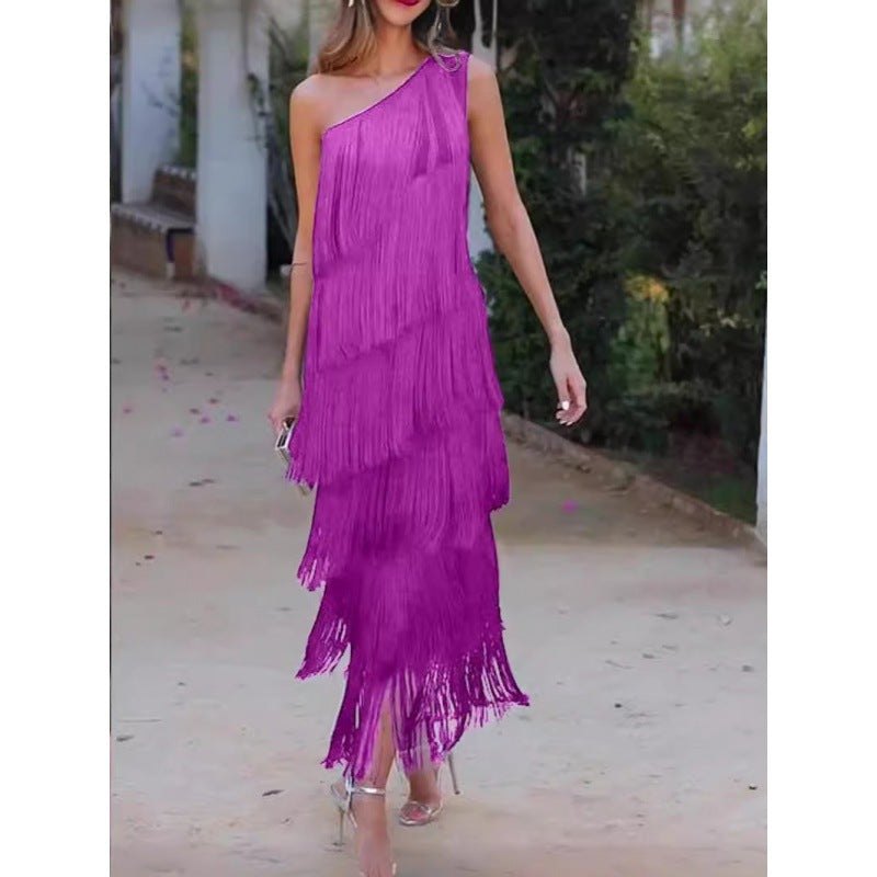Women's Solid Color Diagonal Collar Multi-layer Tassel Stitching Design Dress Women's Garments Apparel / Clothing