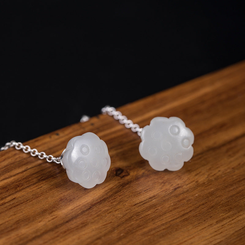 Lotus Leaf Pearl Hetian Jade Lotus Seedpod Earrings Female S925 Silver Jewelry/Accessories