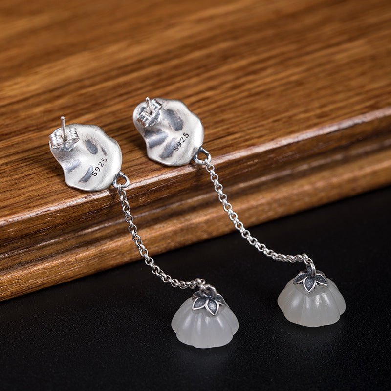 Lotus Leaf Pearl Hetian Jade Lotus Seedpod Earrings Female S925 Silver Jewelry/Accessories