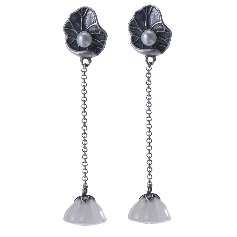 Lotus Leaf Pearl Hetian Jade Lotus Seedpod Earrings Female S925 Silver Jewelry/Accessories