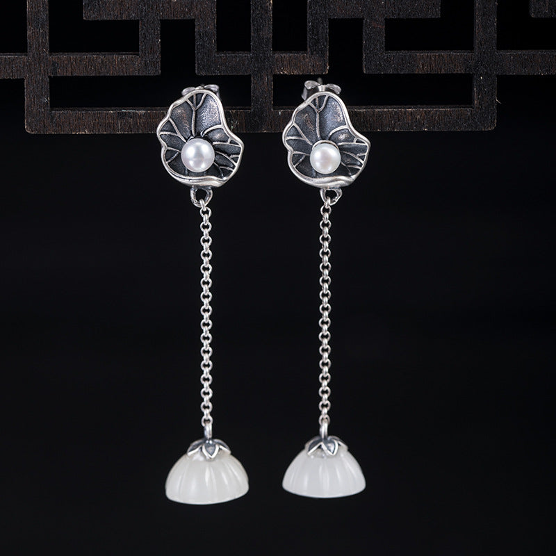 Lotus Leaf Pearl Hetian Jade Lotus Seedpod Earrings Female S925 Silver Jewelry/Accessories