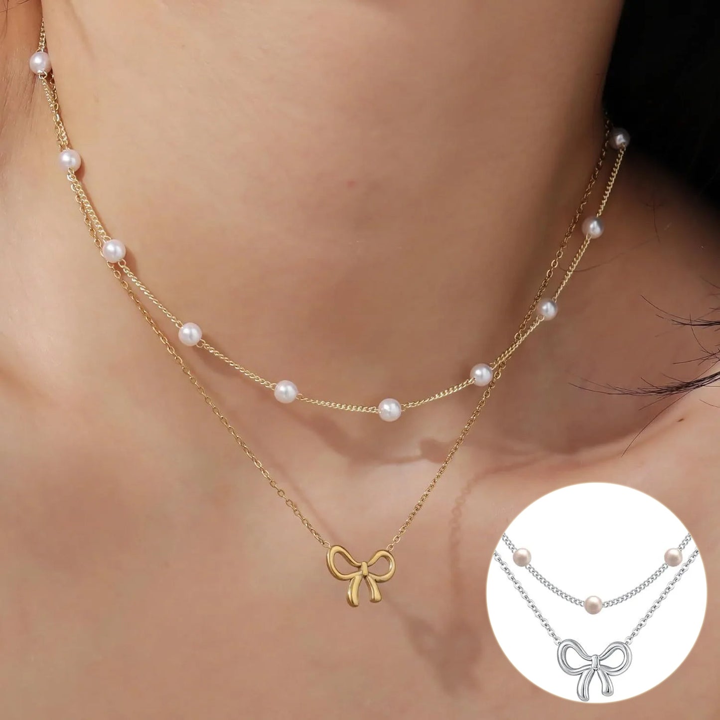 Simple Pearl Double Layer Choker Fashion Gold Color Necklaces Chain Small Bow Pendant Necklace Jewelry Gifts For Women Fashion Jewelry Valentine's Day Gifts Jewelry/Accessories