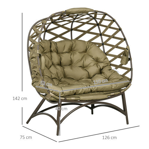 Outsunny 2 Seater Egg Chair Outdoor, Folding Weave Garden Furniture Chair With Cushion, Cup Pockets - Khaki Outdoor Garden Patio Furniture
