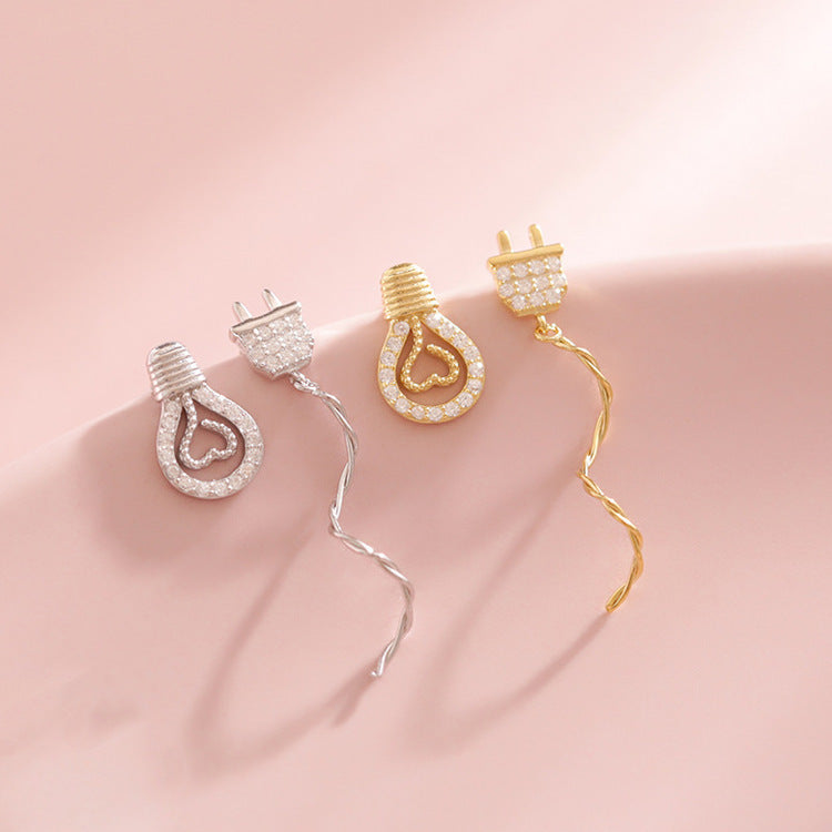 925 Silver Flash Diamond Bulb Plug Asymmetrical Earrings Jewelry/Accessories