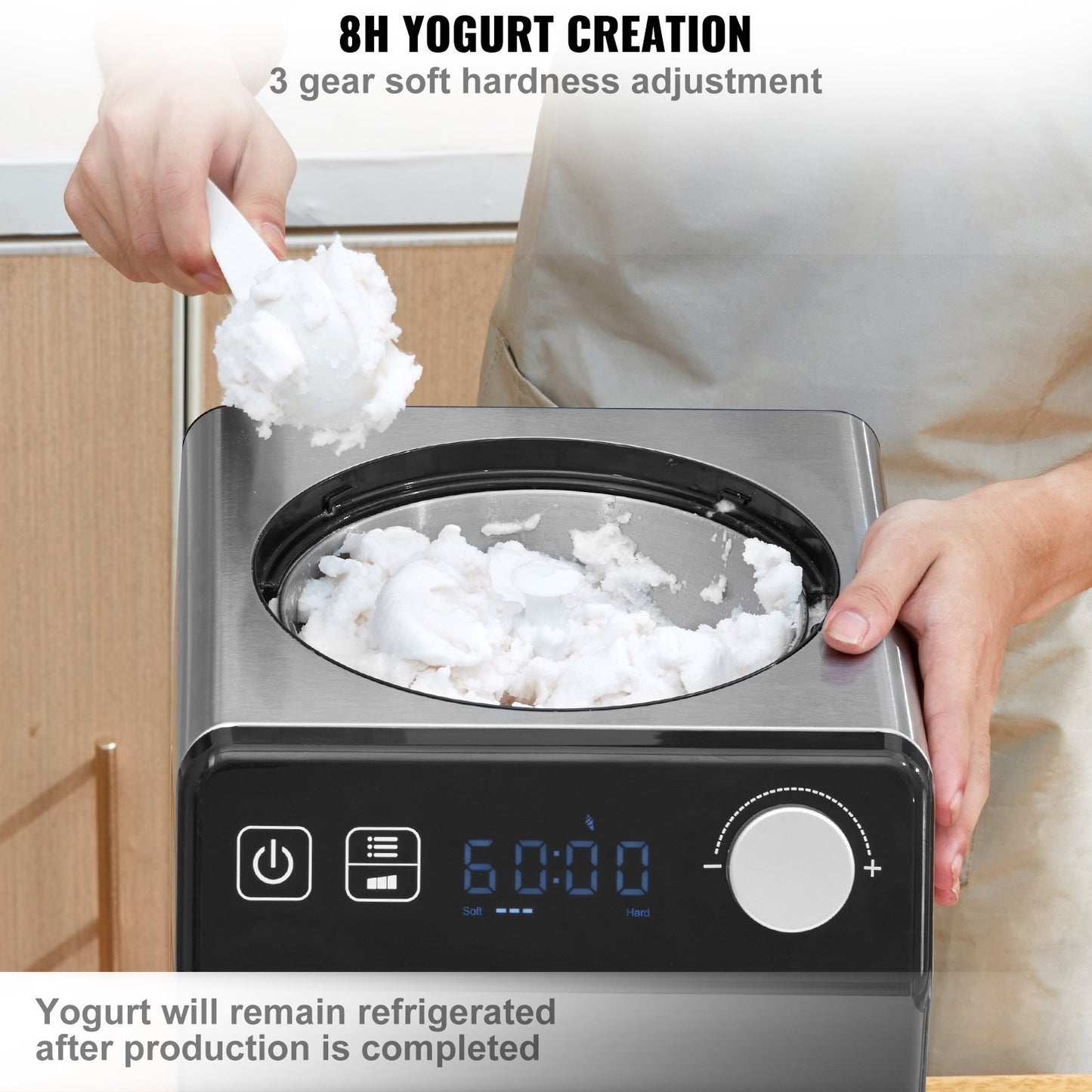 Upright Automatic Ice Cream Maker With Built-in Compressor, 2 Quart No Pre-freezing Fruit Yogurt Machine, Stainless Steel Electric Sorbet Maker, 4 Modes Gelato Maker With Digital Display Timer Home Essentials