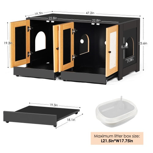 Double Litter Box Enclosure,Cat Litter Box Enclosure For 2 Cats, Hidden Litter Box Furniture With Rattan Doors, 47 L X 19.8 W X 21.8 H,Black Furniture