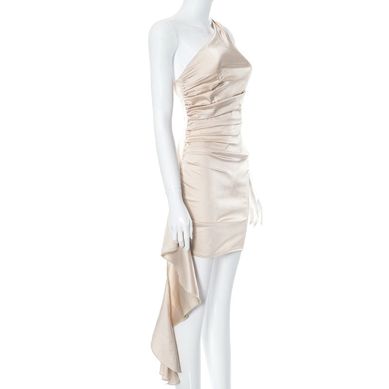 One-shoulder Sleeveless Mini Dress Sexy Slim Backless Skirt Party Wedding Dresses Women's Garments Apparel / Clothing