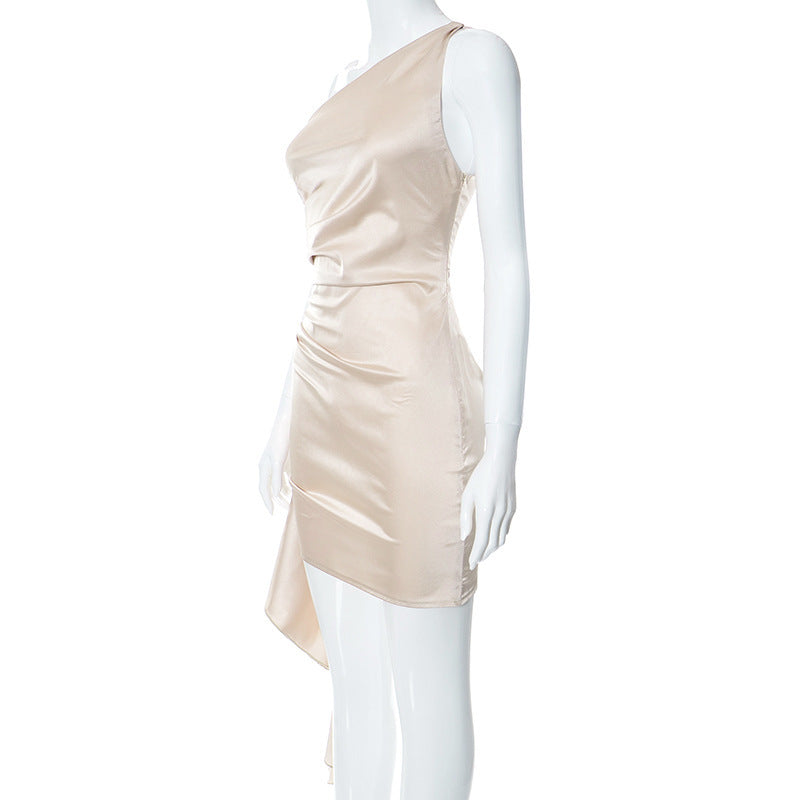 One-shoulder Sleeveless Mini Dress Sexy Slim Backless Skirt Party Wedding Dresses Women's Garments Apparel / Clothing