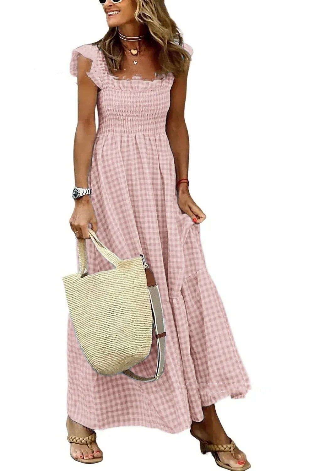 Summer Plaid Print Pleated Ruffle Dress INS Fashion Sleeveless A-line Swing Beach Dress Women's Garments Apparel / Clothing