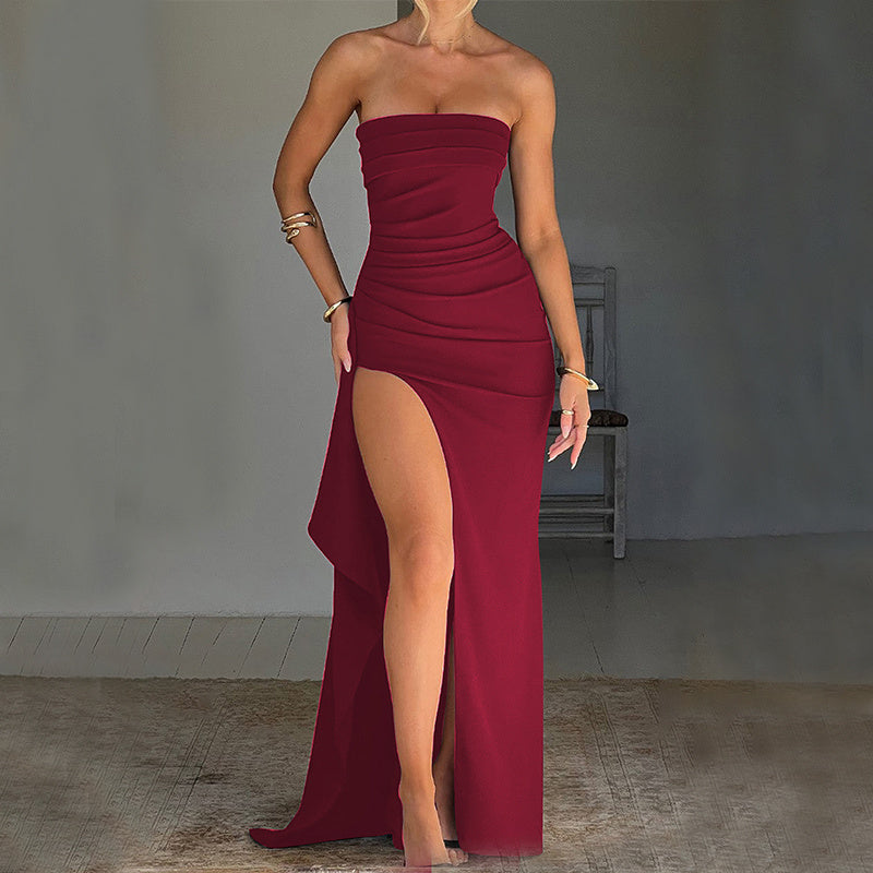 Strapless Split Long Dress Summer Fashion Pleated Bridesmaid Dress For Womens Party Women's Garments Apparel / Clothing