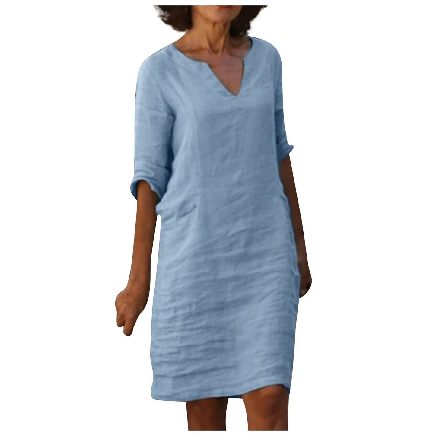 Cotton And Linen V-neck Dress Summer Stitching Retro High Waist Pure Color Dresses Women's Garments Apparel / Clothing