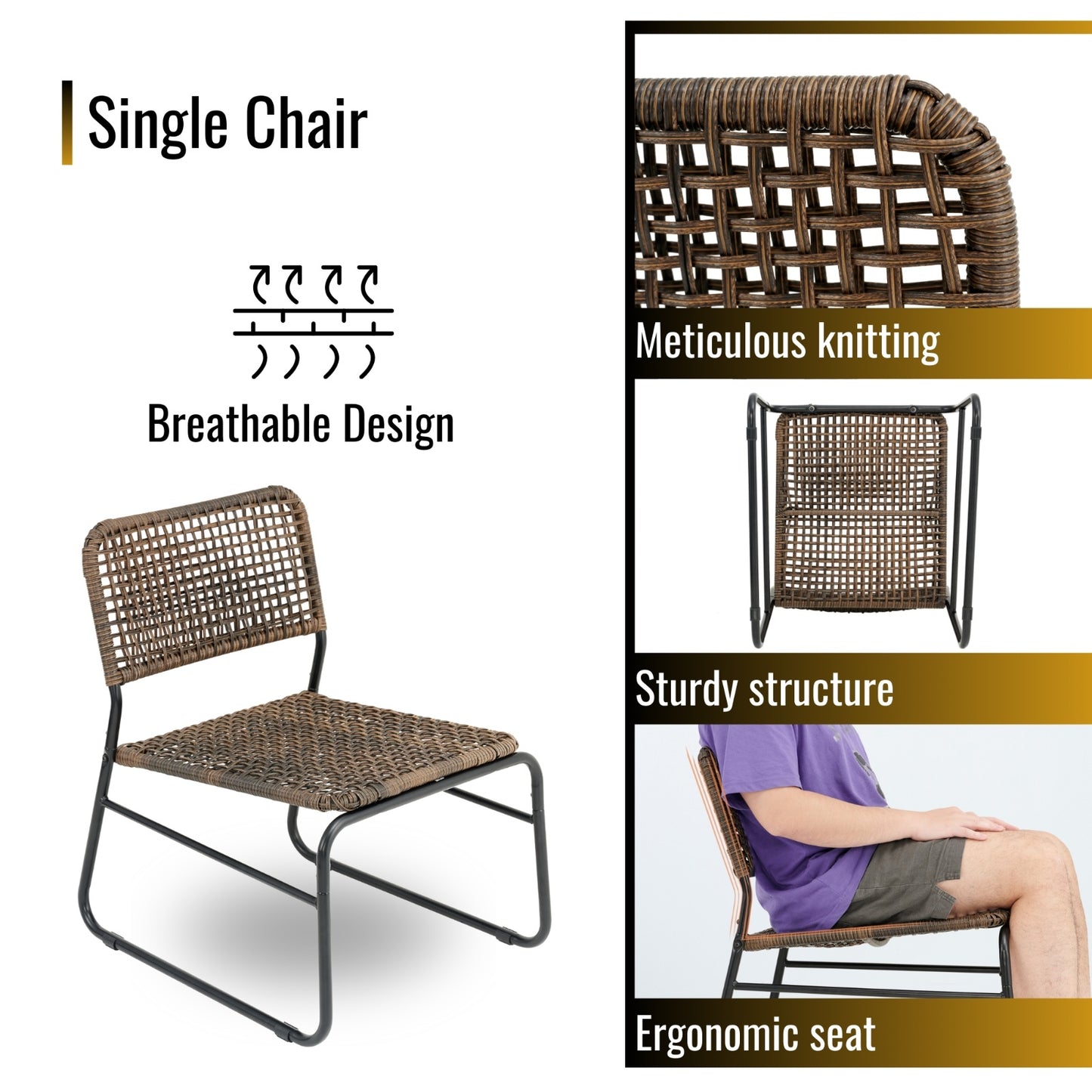 Patio Furniture Set 3 Piece Mixture Pattern PE Rattan Steel Frame And Modern Round Table, Brown And