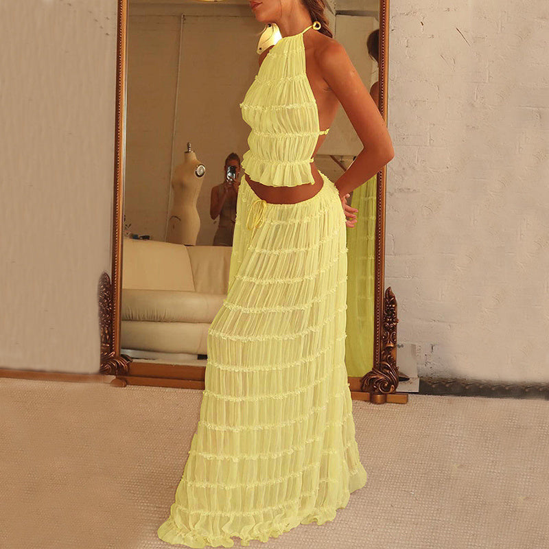 2pcs Women's Dress Suit Sexy Sleeveless Backless Cropped Halter Top And Pleated Long Skirt Beach Women's Garments Apparel / Clothing