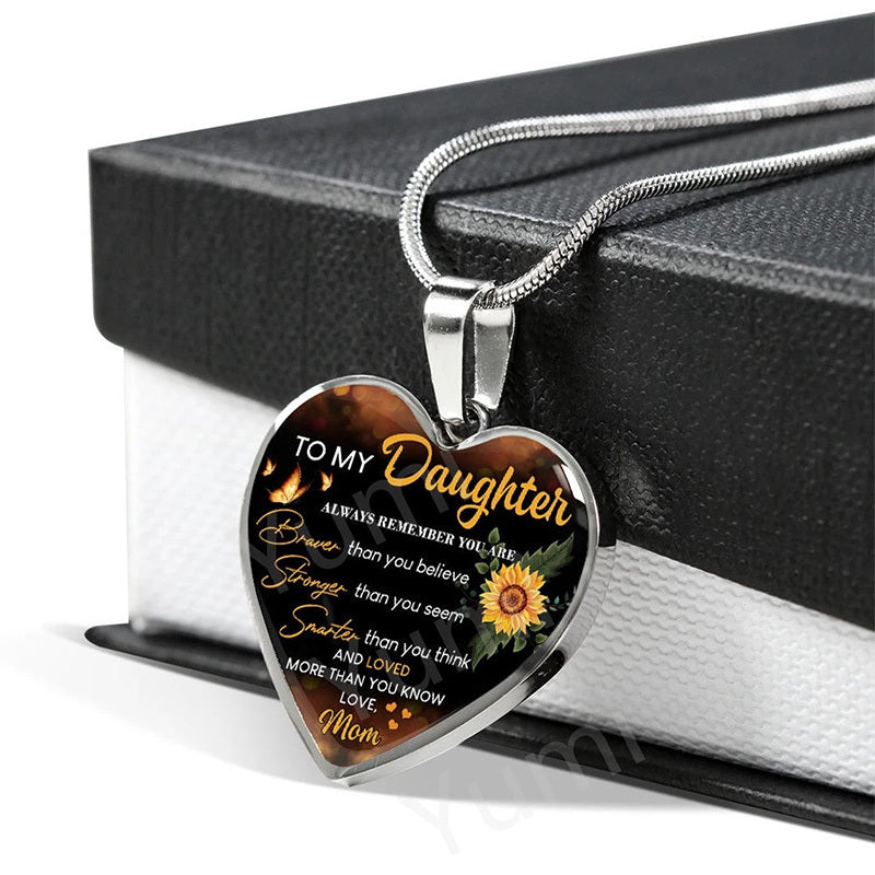 Sunflower To My Daughter Love Mom Heart Epoxy Necklace Inspirational Jewelry & Accessories