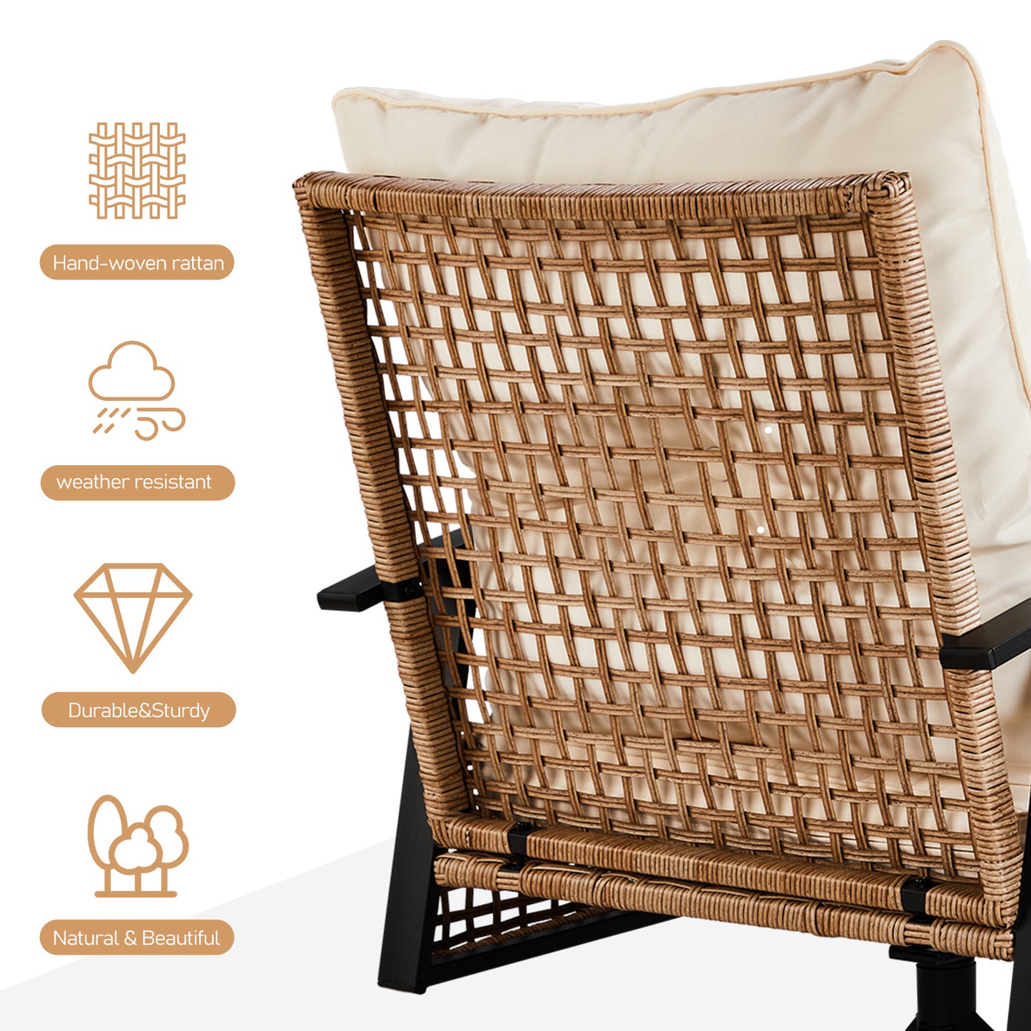 2pcs Swivel Chair And 1pc Side Table, Sparsely Braided Light Yellow Rattan, Off-white Mat, Braided Rattan Three-piece Set Furniture Outdoor Garden Patio Furniture