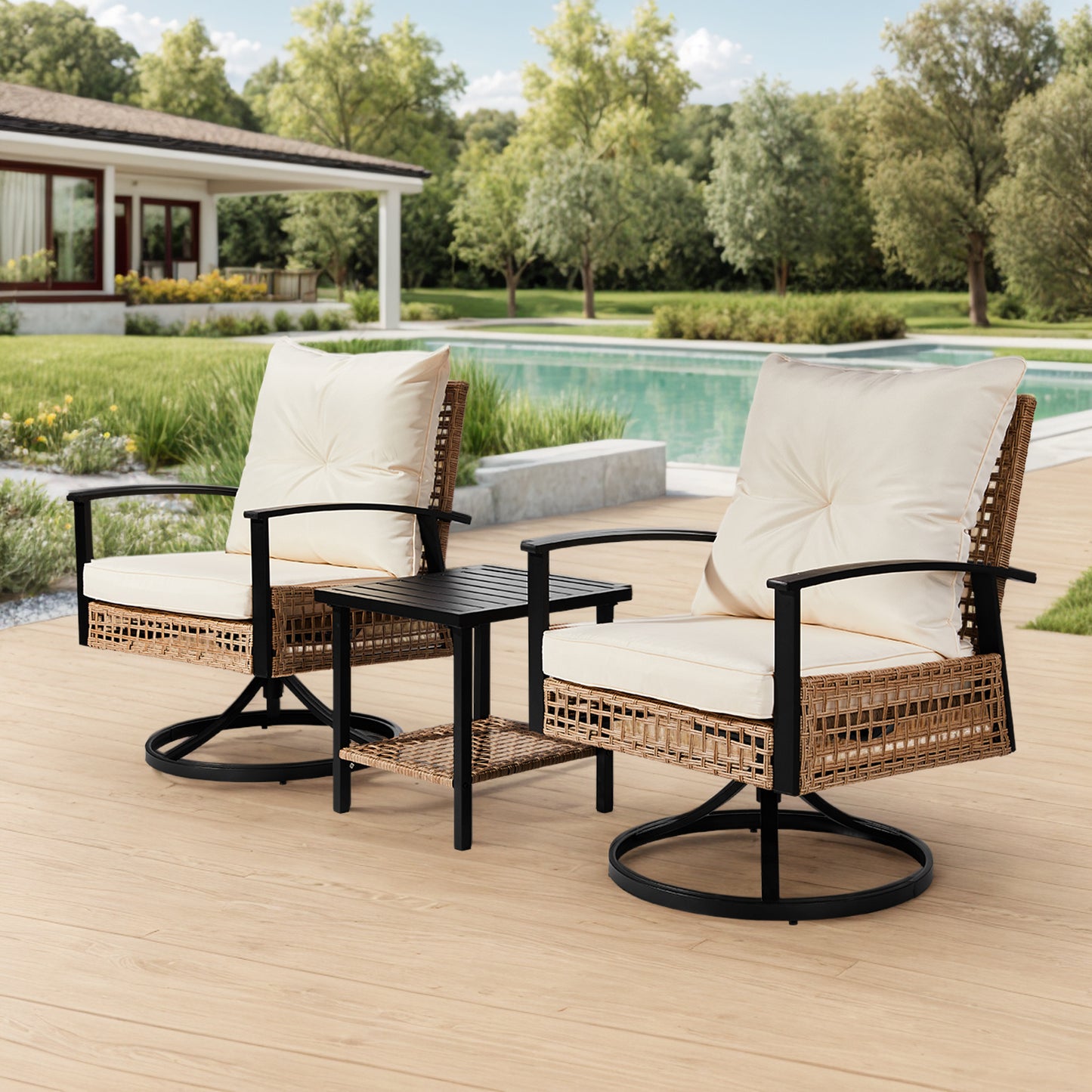 2pcs Swivel Chair And 1pc Side Table, Sparsely Braided Light Yellow Rattan, Off-white Mat, Braided Rattan Three-piece Set Furniture Outdoor Garden Patio Furniture