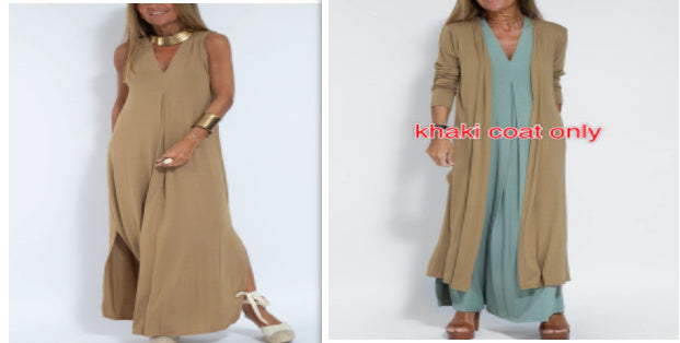 New Solid Color V-neck Sleeveless Dress Long Cardigan Jacket Suit For Women's Garments Apparel / Clothing