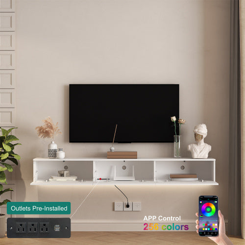 Floating TV Stand Wall Mounted With 16 Color LEDs,Modern TV Stand, Floating TV Cabinet Entertainment Center For 55 60 65 Inch TV Furniture