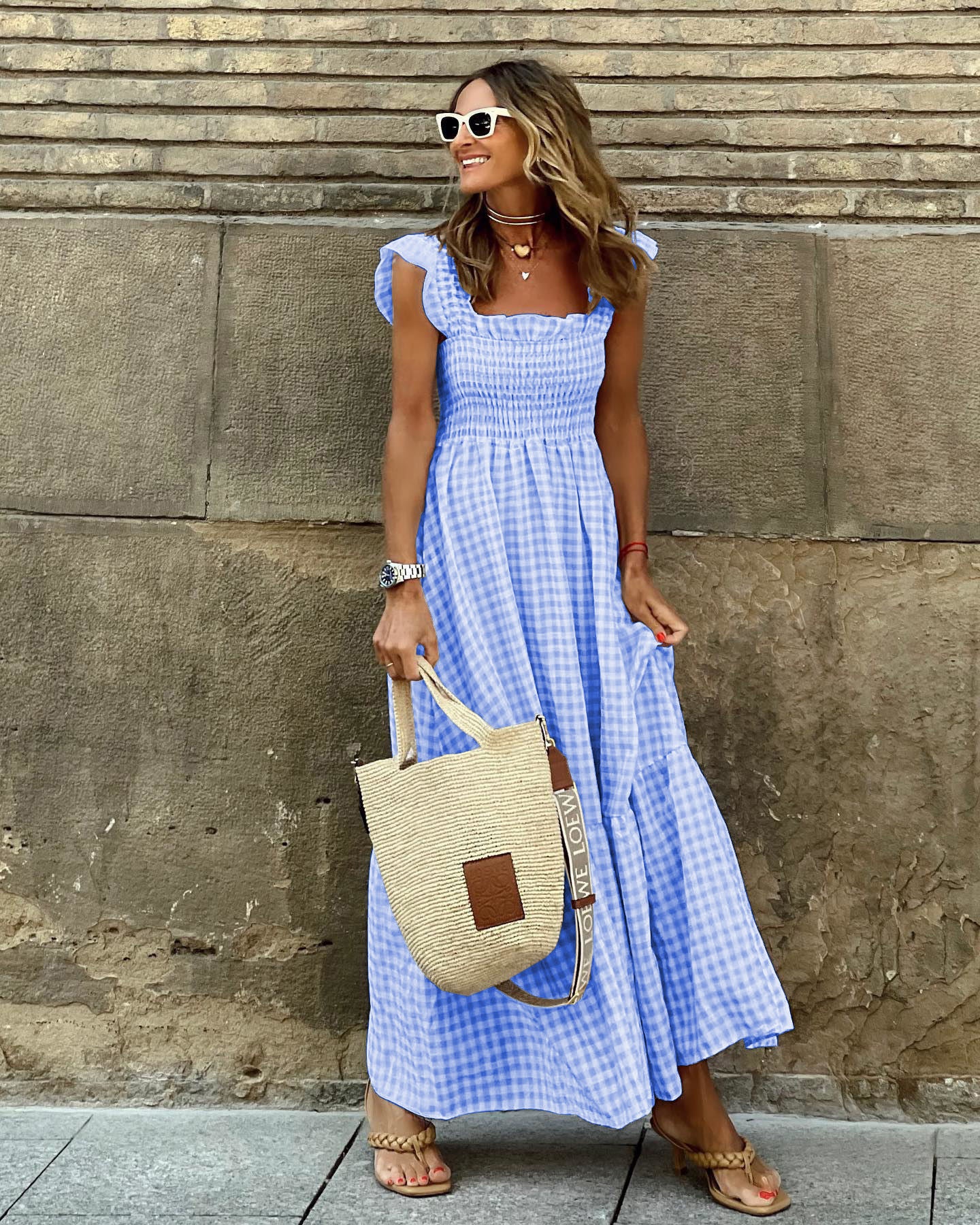 Summer Plaid Print Pleated Ruffle Dress INS Fashion Sleeveless A-line Swing Beach Dress Women's Garments Apparel / Clothing
